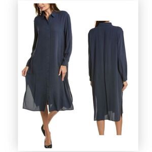 EILEEN FISHER Notch Collar Silk Shirtdress blue Large NWT $398